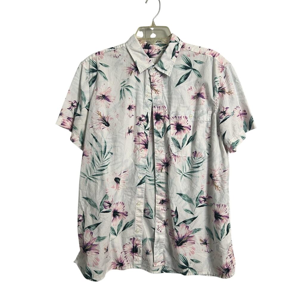 American Eagle Button Up Shirt Mens Large White Floral Hawaiian Cotton Summer